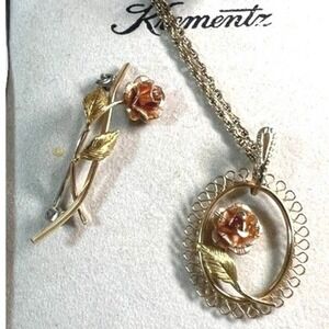 Krementz Rose Brooch & Necklace Set Gold Overlay Filigree Signed IOB 18"